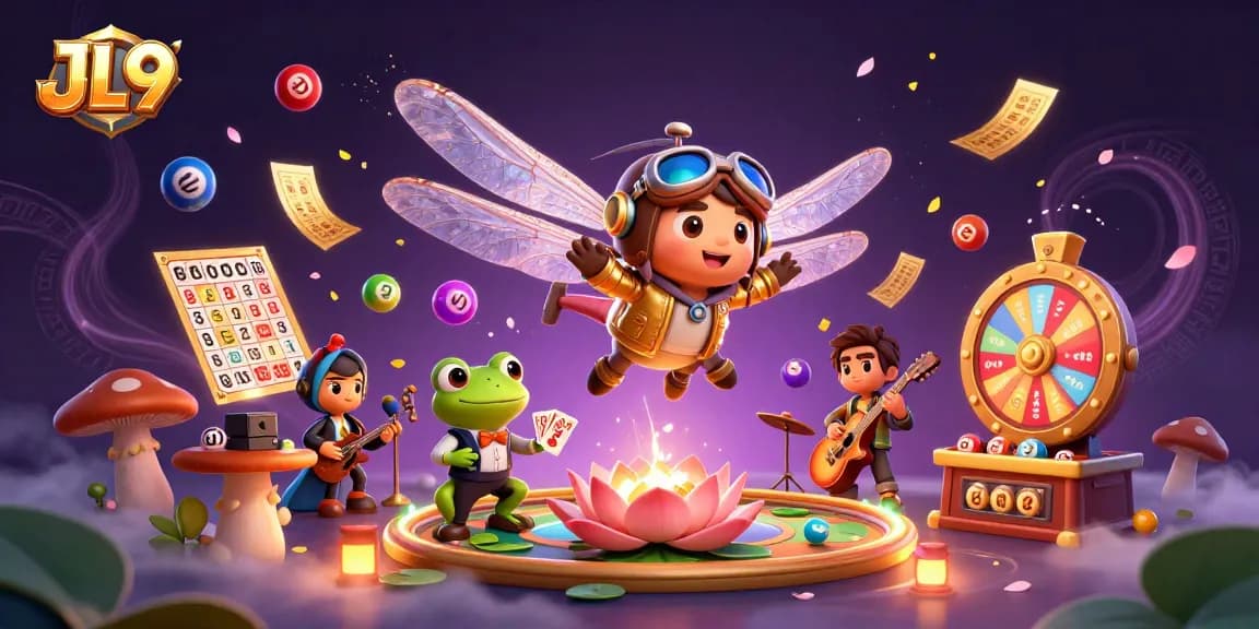 JL9 showcases thrilling gaming with vibrant characters and dynamic casino elements in a whimsical illustration.
