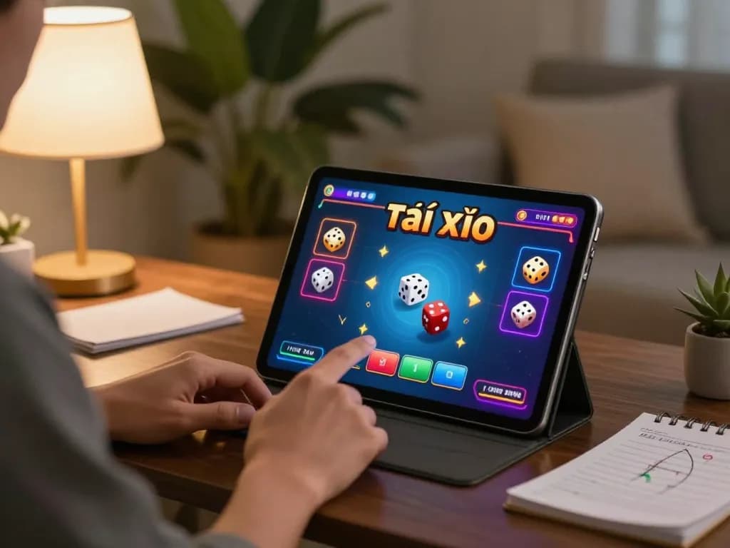 Tài xỉu online game being played on a tablet, showing vibrant dice results and strategic planning.
