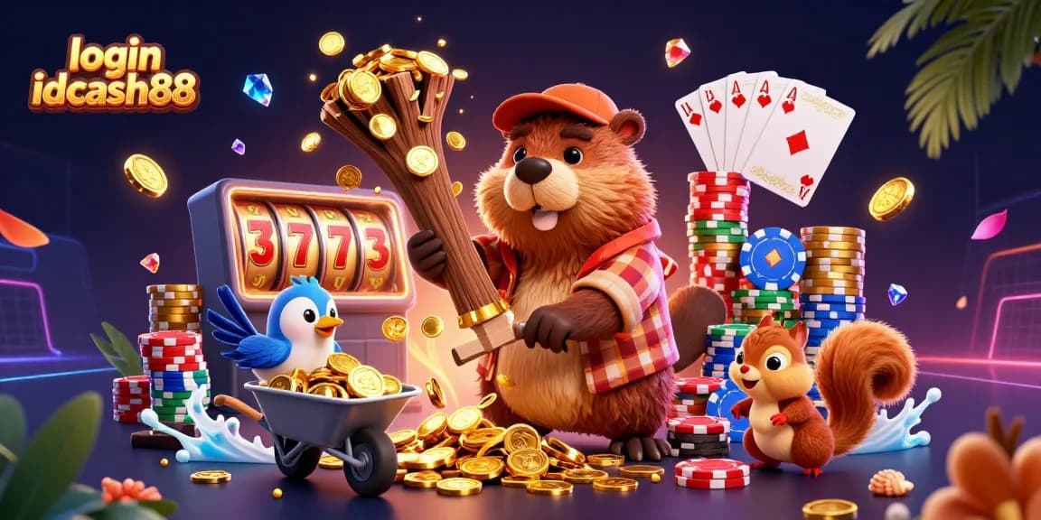 Engage in excitement with login idcash88, featuring characters amidst gold coins and slot machine action.
