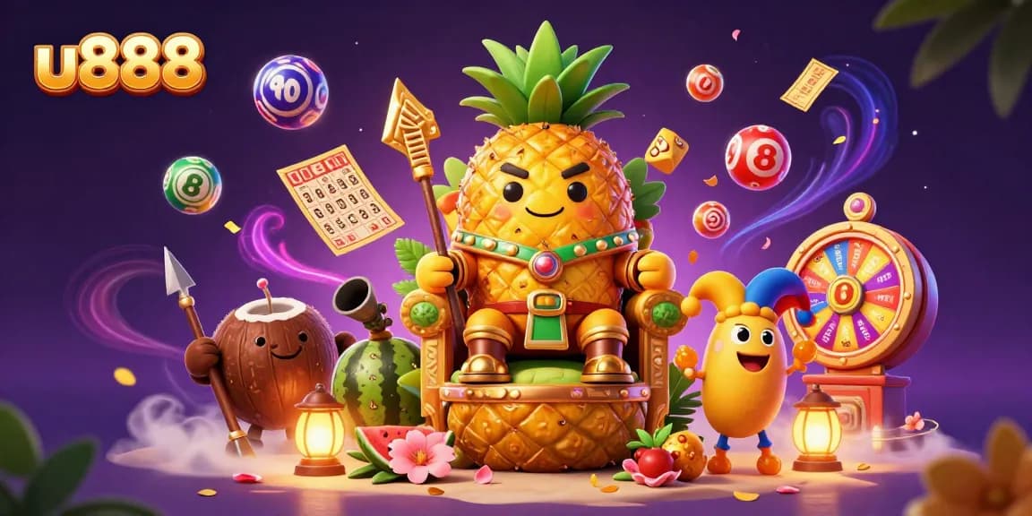 Experience the excitement of u888 with our lively beach casino scene featuring a golden pineapple king, game elements, and vibrant visuals.