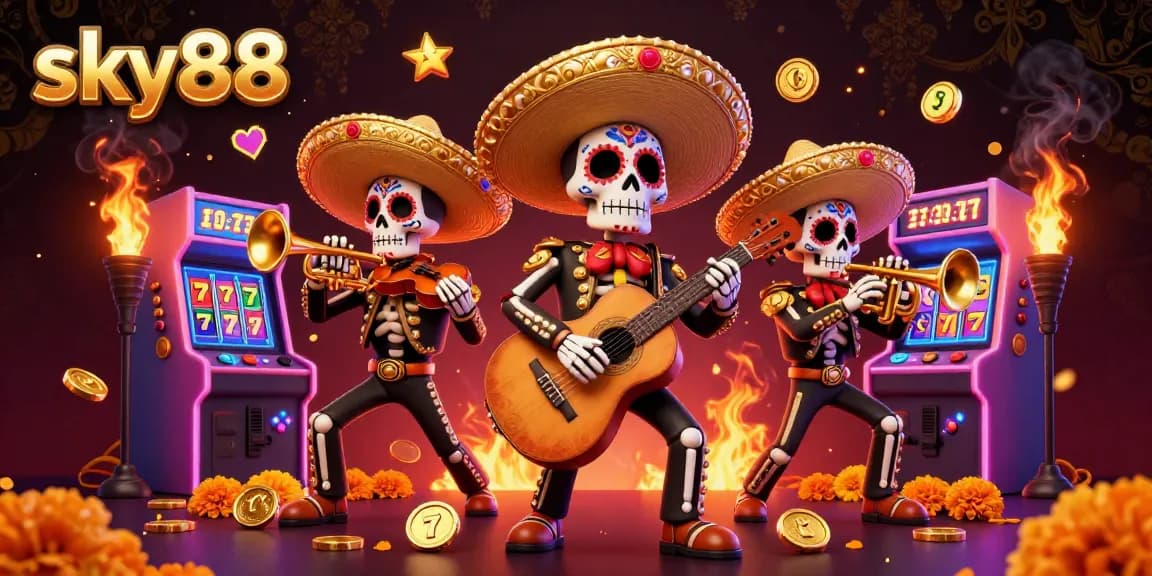 Engage in thrilling gameplay at sky88 with vibrant slot reels and a lively mariachi band illustration.