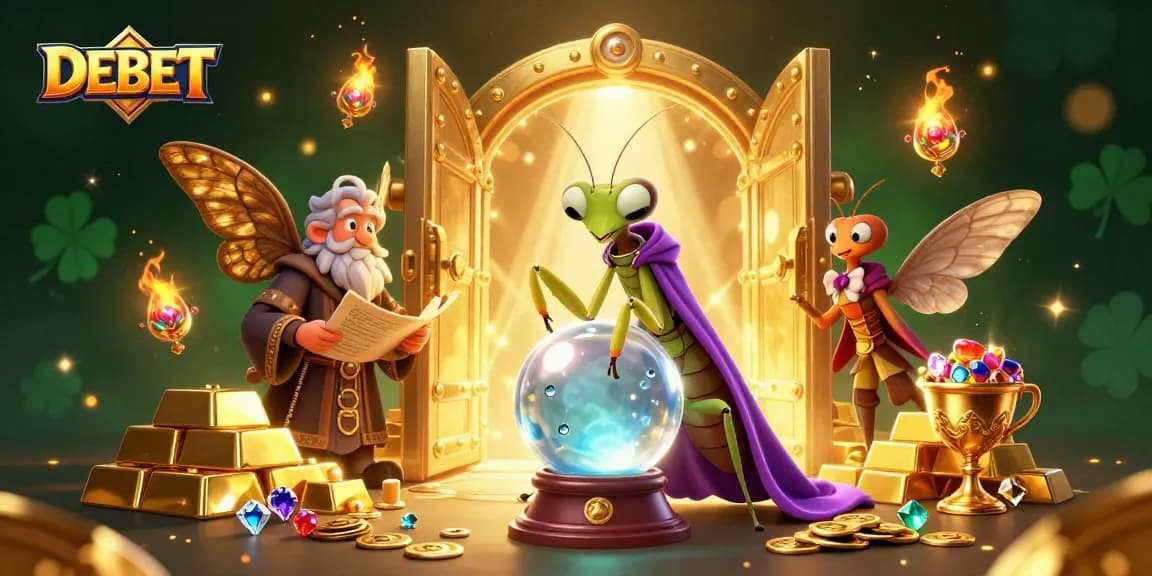 Engage with DEBET and explore a vibrant 3D casino world filled with treasures and magical characters.