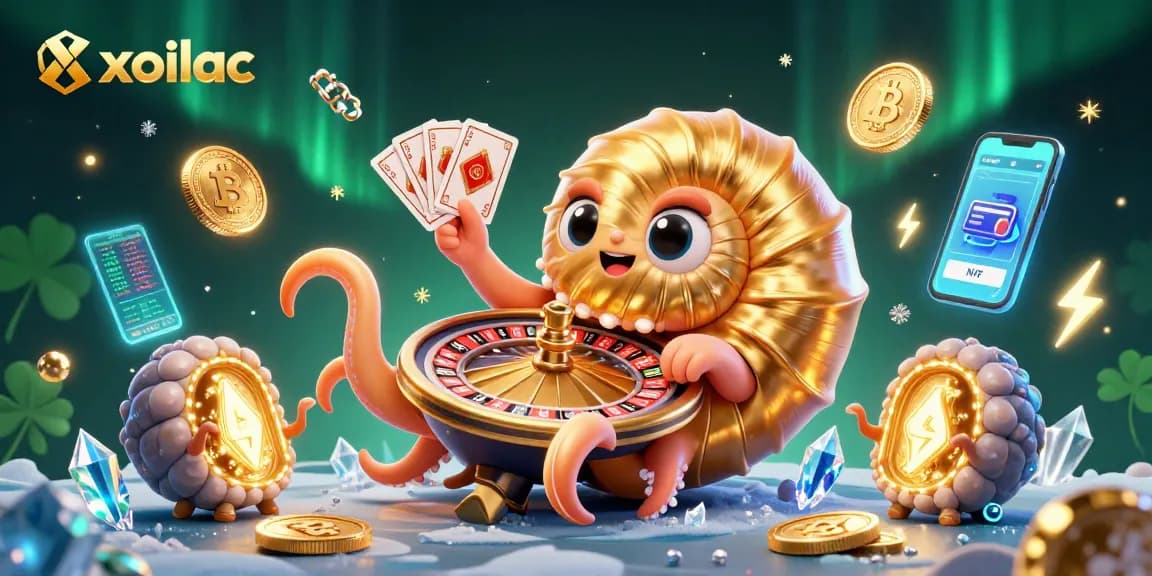 Play exciting games at xoilac with a vibrant 3D casino scene featuring a giant nautilus roulette wheel.