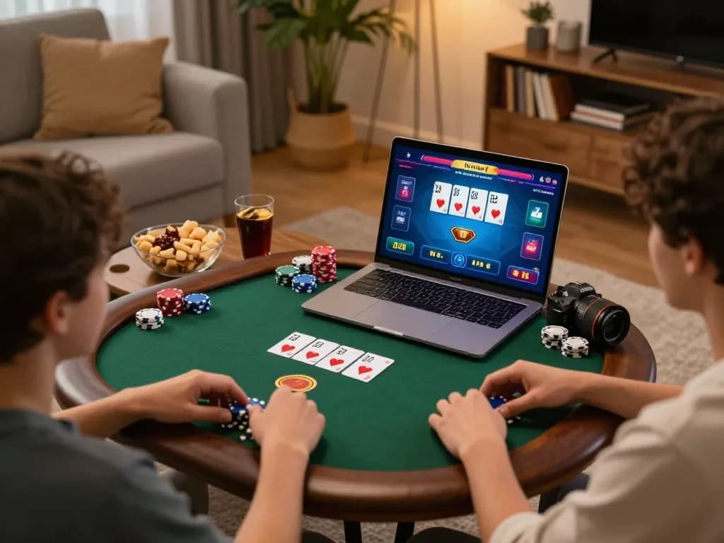 Engaged players using cm88game for an exciting online poker session in a cozy living room.
