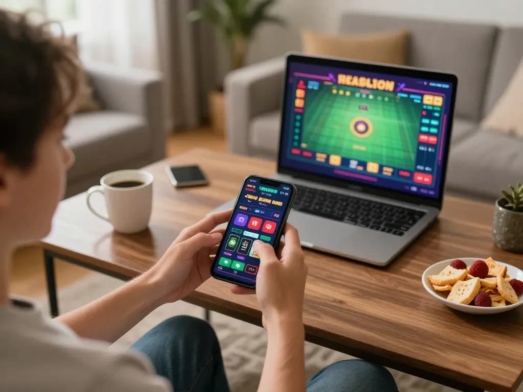 KJC member enjoying safe mobile gaming experience in a cozy home setup