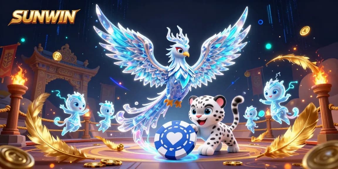 Experience SUNWIN's vibrant casino adventure with ice phoenix and playful characters in a magical scene.