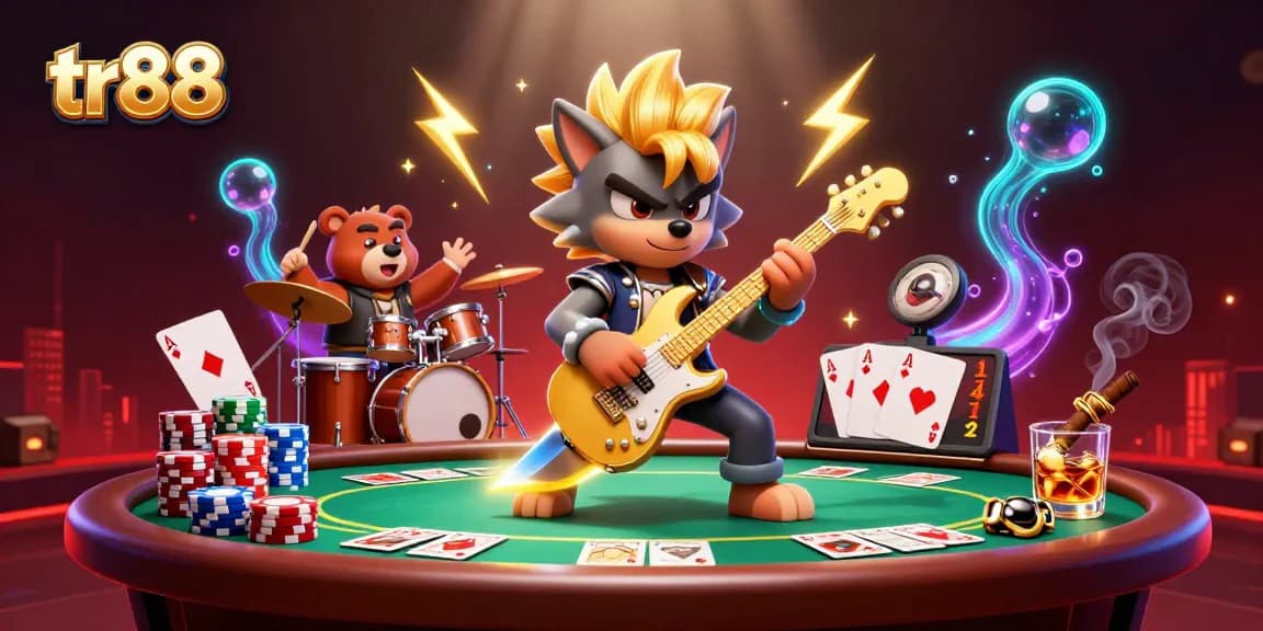 Engage in thrilling casino experiences at tr88 with a cartoon rock star wolf performing on stage.