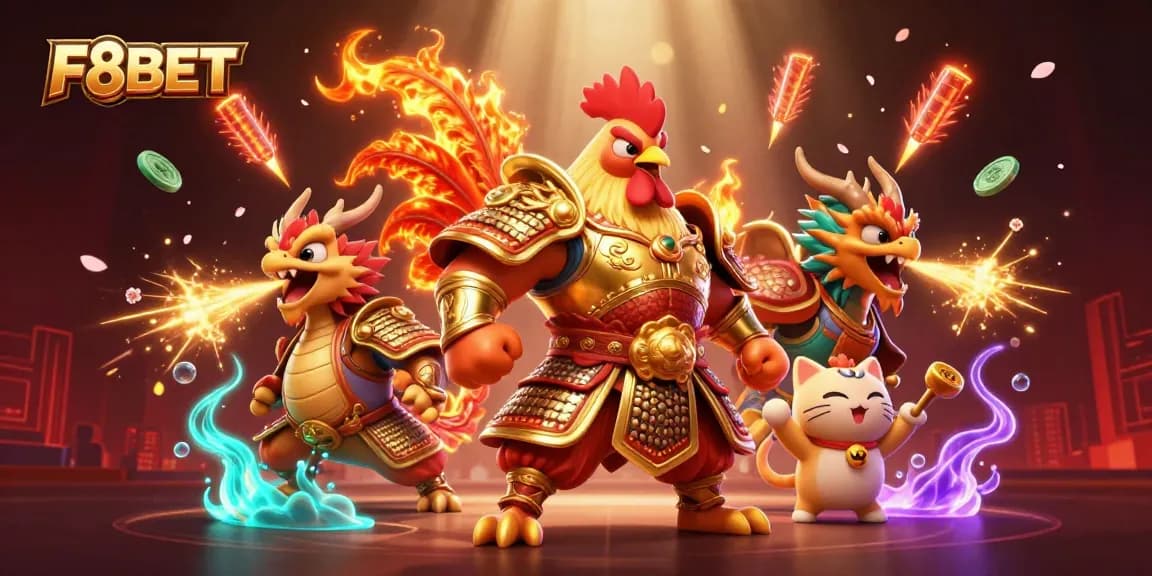 Engage with F8BET's vibrant 3D illustration showcasing a rooster warrior and dragon, symbolizing thrilling cockfighting.