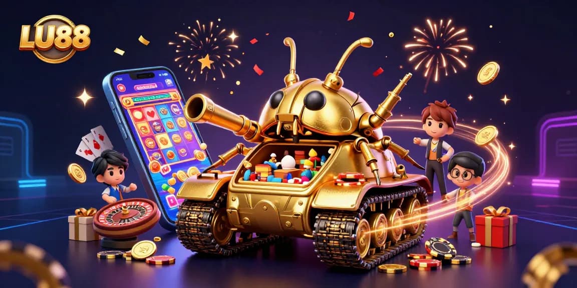 LU88 entertains with a vibrant casino scene within a golden beetle tank amid game excitement.