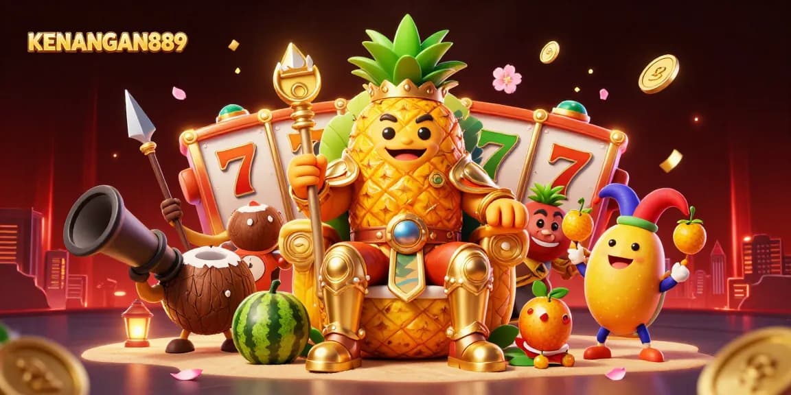 Experience thrilling gameplay at KENANGAN889, where the golden pineapple king leads a lively casino scene with dynamic elements.