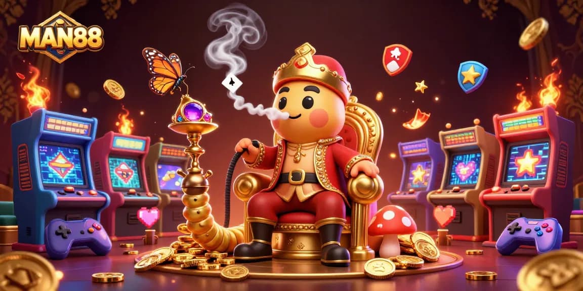 Experience the excitement of MAN88's vibrant gaming scene with colorful arcade elements and golden visuals.