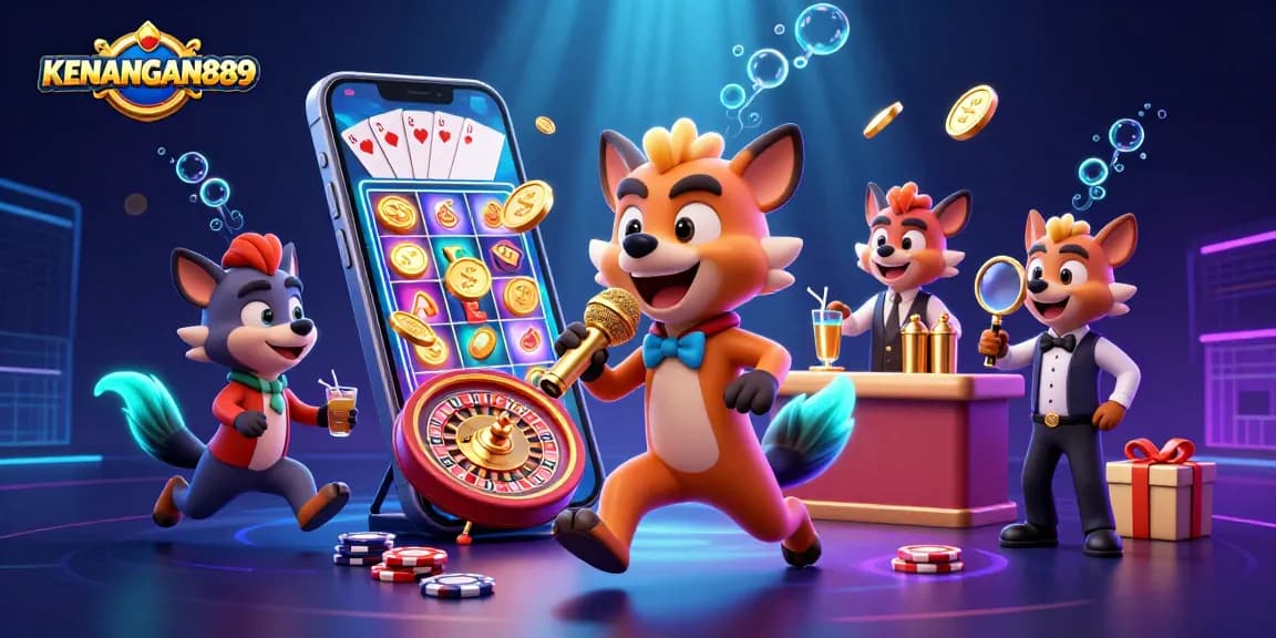 Highlighting KENANGAN889 with eager hyenas in a lively casino scene, encapsulating entertainment.