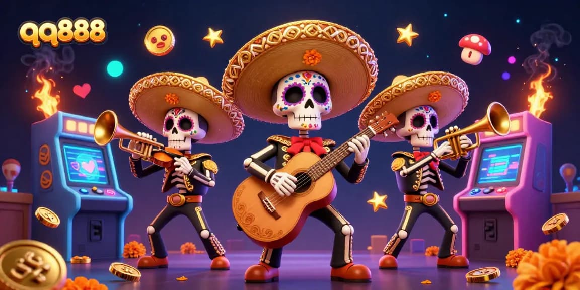 Engage in thrilling casino action with qq888 featuring vibrant Day of the Dead mariachi characters.