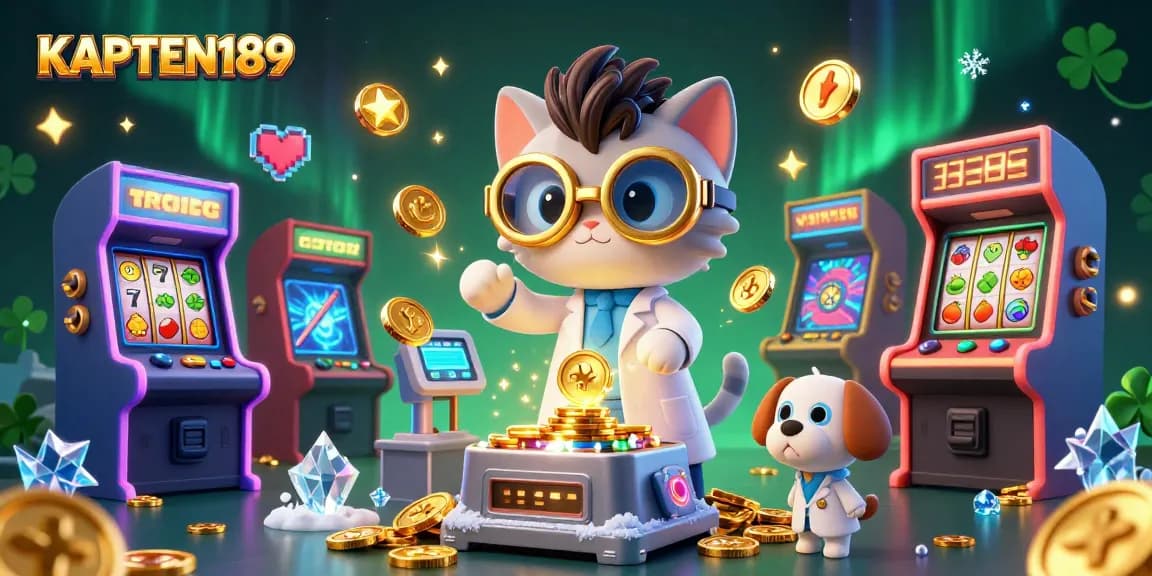 KAPTEN189 memunculkan gambar slot online ceria dengan kucing ilmuwan dan anjing sahabat di ruang permainan.