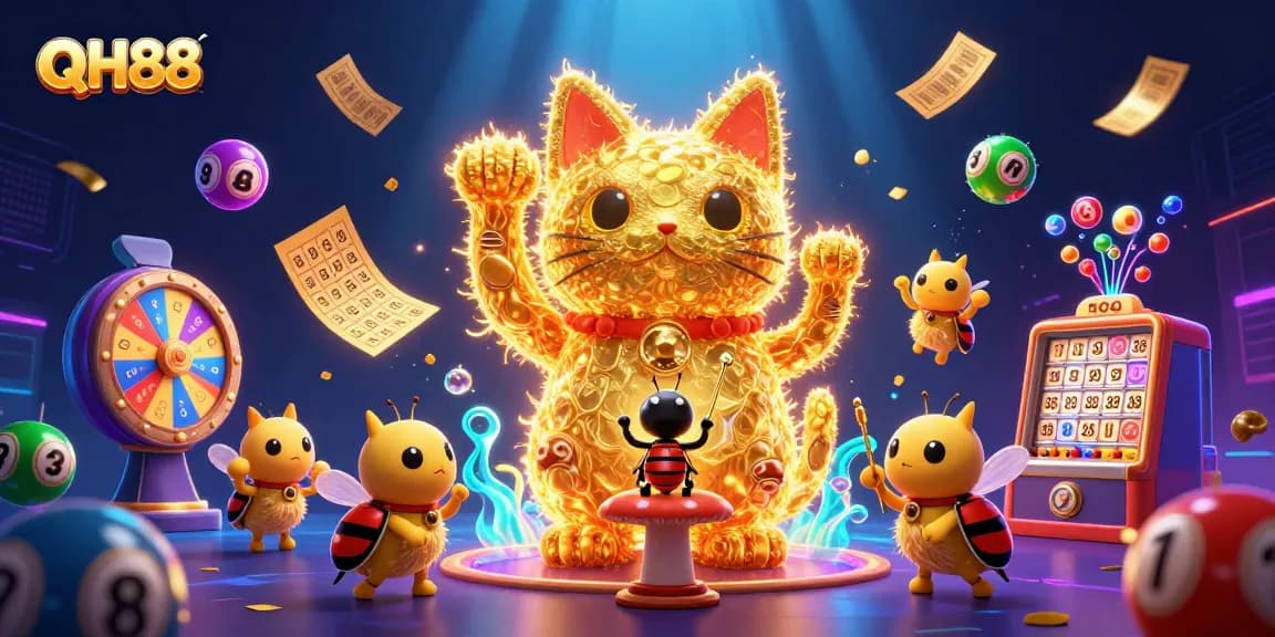 Experience the vibrant world of QH88 with a golden lucky cat and dynamic casino symbols.