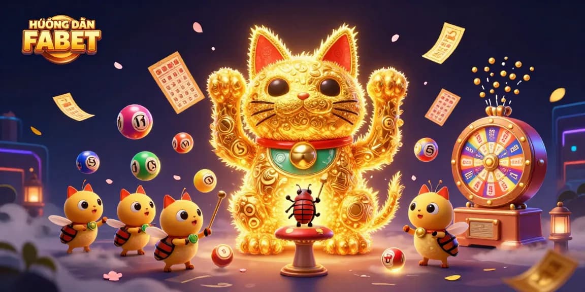 Experience the excitement of "HƯỚNG DẪN FABET" as vibrant lottery elements and a lucky cat illuminate your gaming journey!