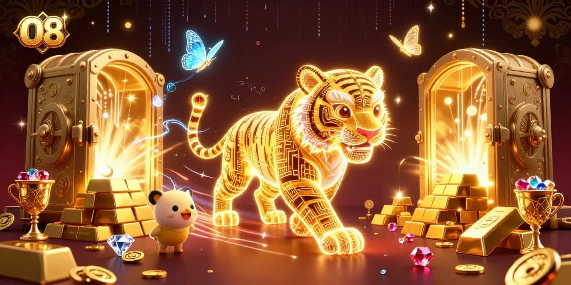 Experience vibrant O8 casino thrills with a majestic golden tiger in a dynamic 3D gambling scene.