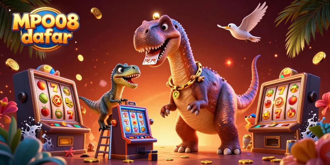 MPO08 daftar presents an exciting casino scene with a brontosaurus and raptor, highlighting thrilling slot action.