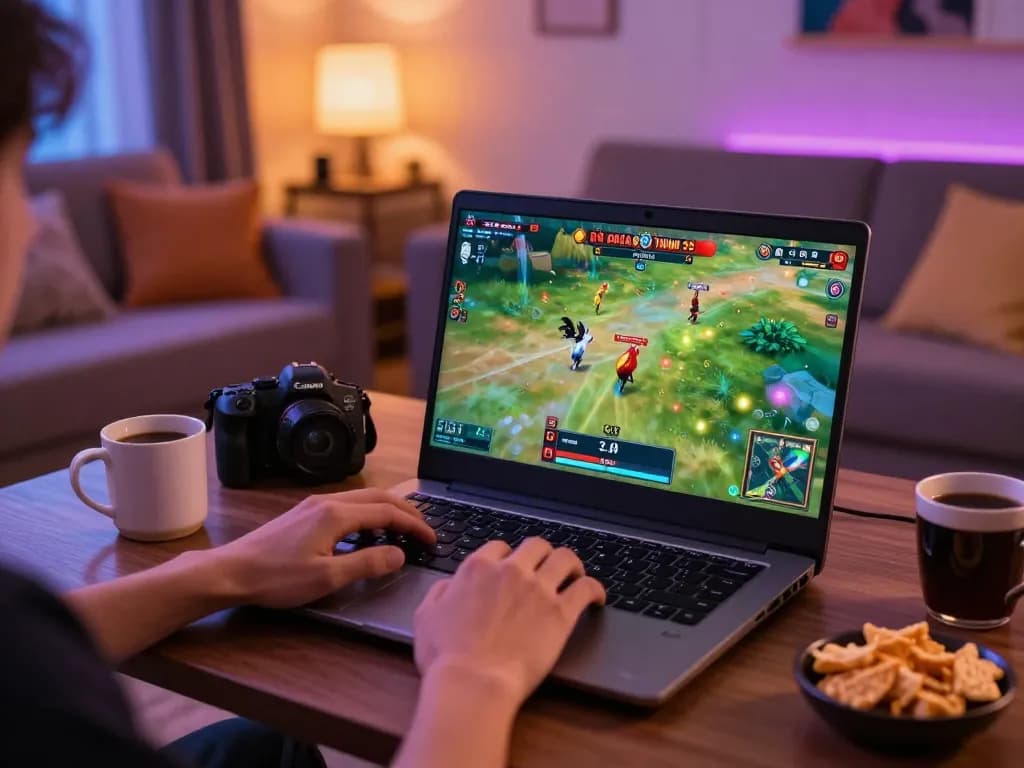 Trận đá gà thomo đang được phát trực tuyến trên một chiếc laptop trong một không gian ấm cúng ở nhà.
