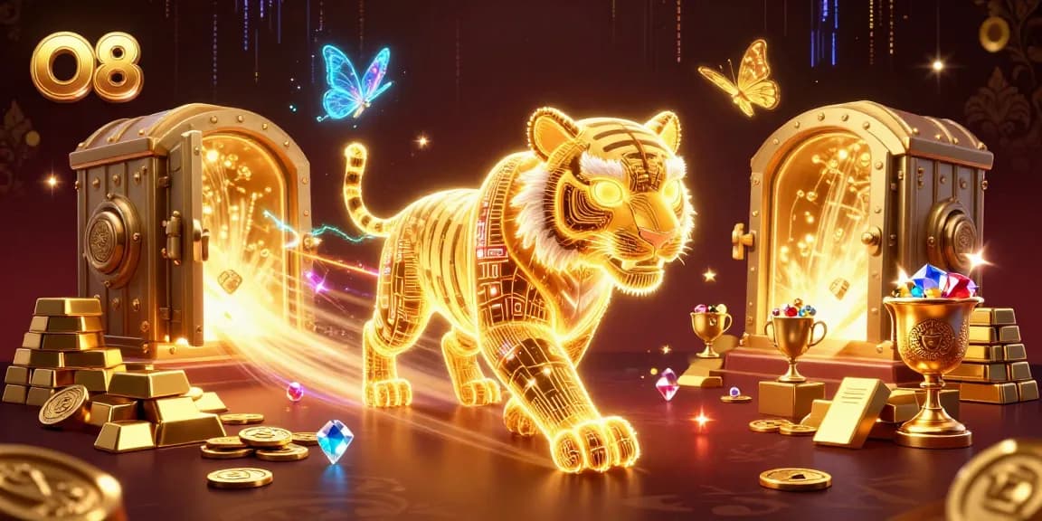 Engage with the dazzling world of O8, where the golden tiger leads a vibrant casino adventure.