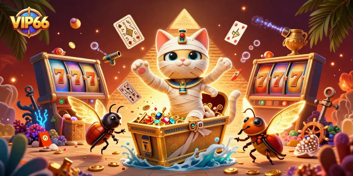 Engage with VIP66 in a vibrant 3D illustration showcasing dynamic slot games and casino elements.