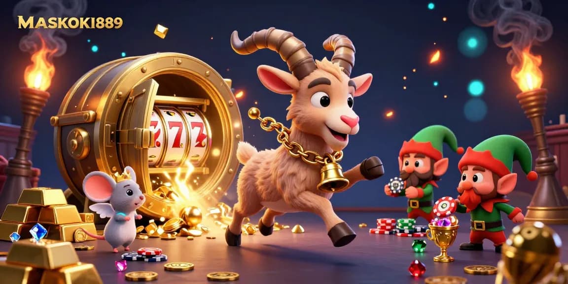 Experience thrilling gameplay at MASKOKI889 with festive Krampus in a lively casino scene amidst glittering treasures.
