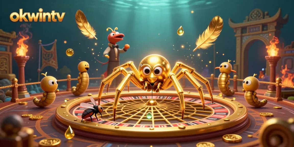 Engaging gambling scene where okwintv’s golden spider spins a roulette wheel web, captivating players.