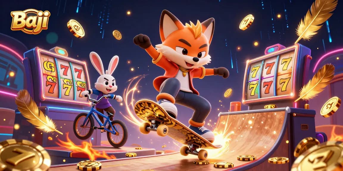 Baji showcases an exciting gaming scene with a fox performing stunts on golden poker chips, embodying thrilling online casino action.