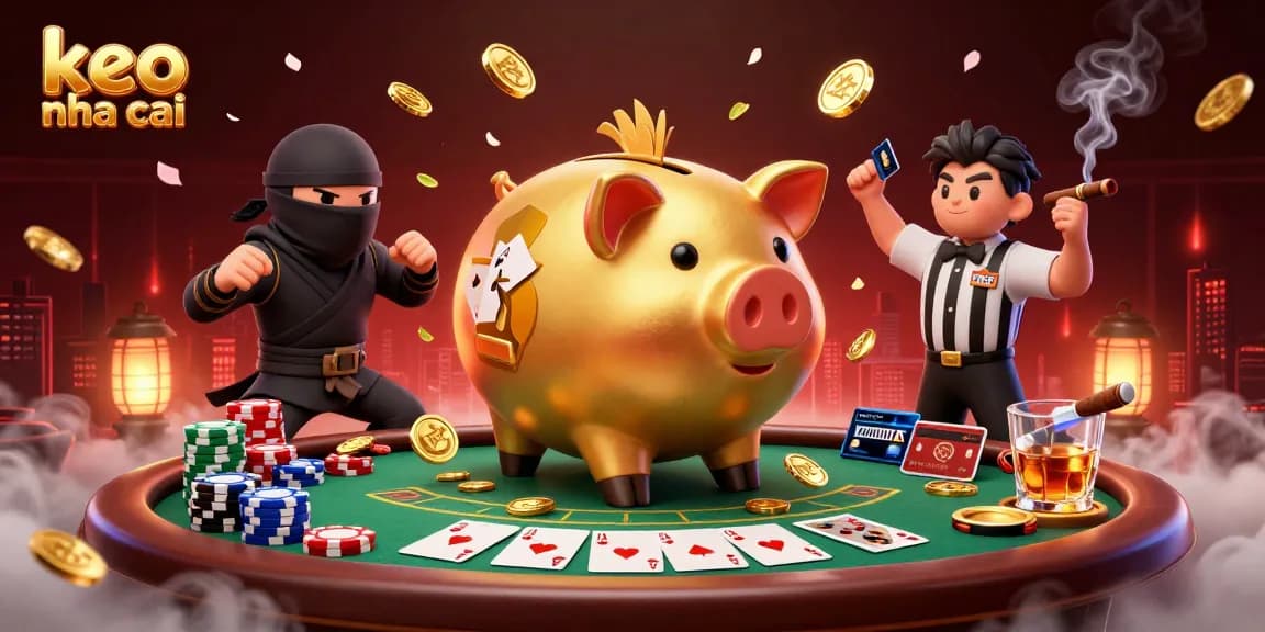 Engage in thrilling gameplay with keo nha cai featuring a sumo wrestler piggy bank, ninja warrior, and poker elements