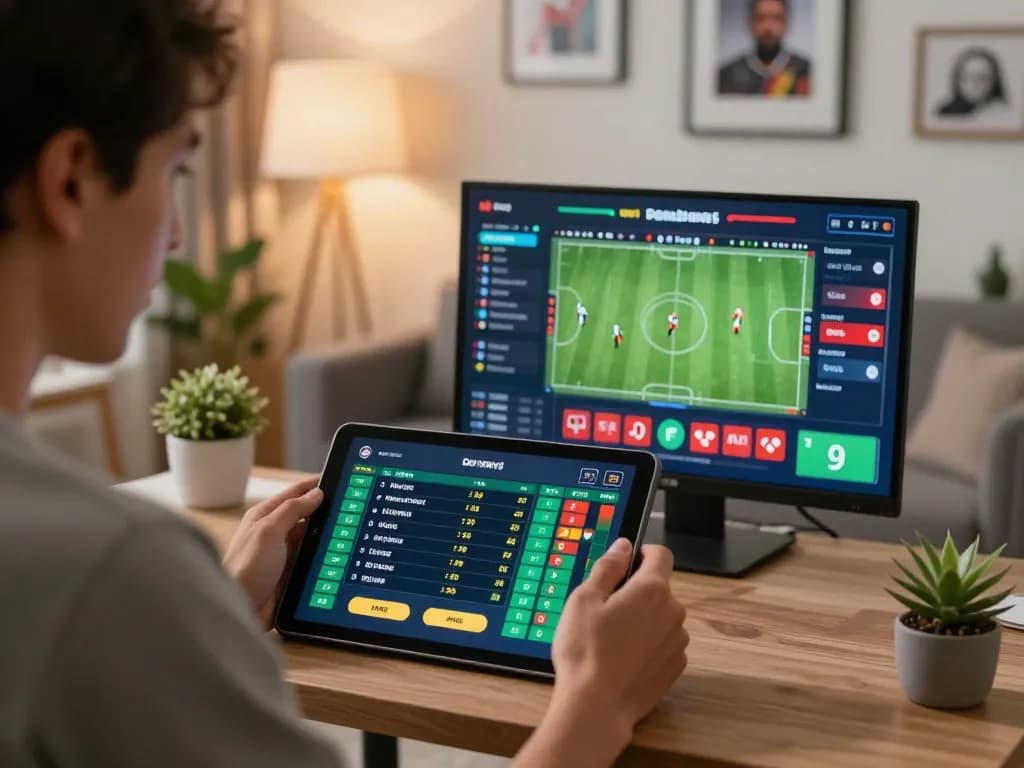 Engaged gambler analyzing sunwingo betting odds on tablet in a cozy home setting.