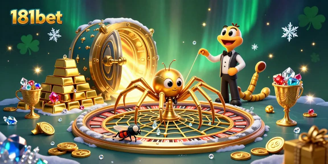 Engage in thrilling bets with 181bet in a lively casino scene featuring a spider, a fly, and gem treasures.