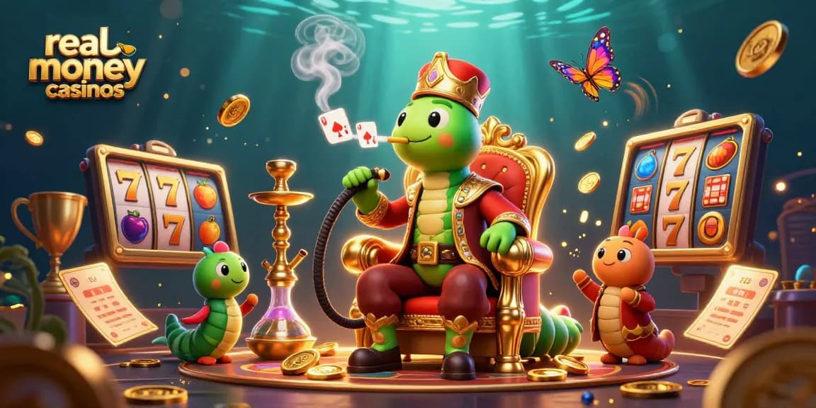 Engage with real money casinos in this vibrant 3D illustration showcasing exciting slot reels and ornate characters.