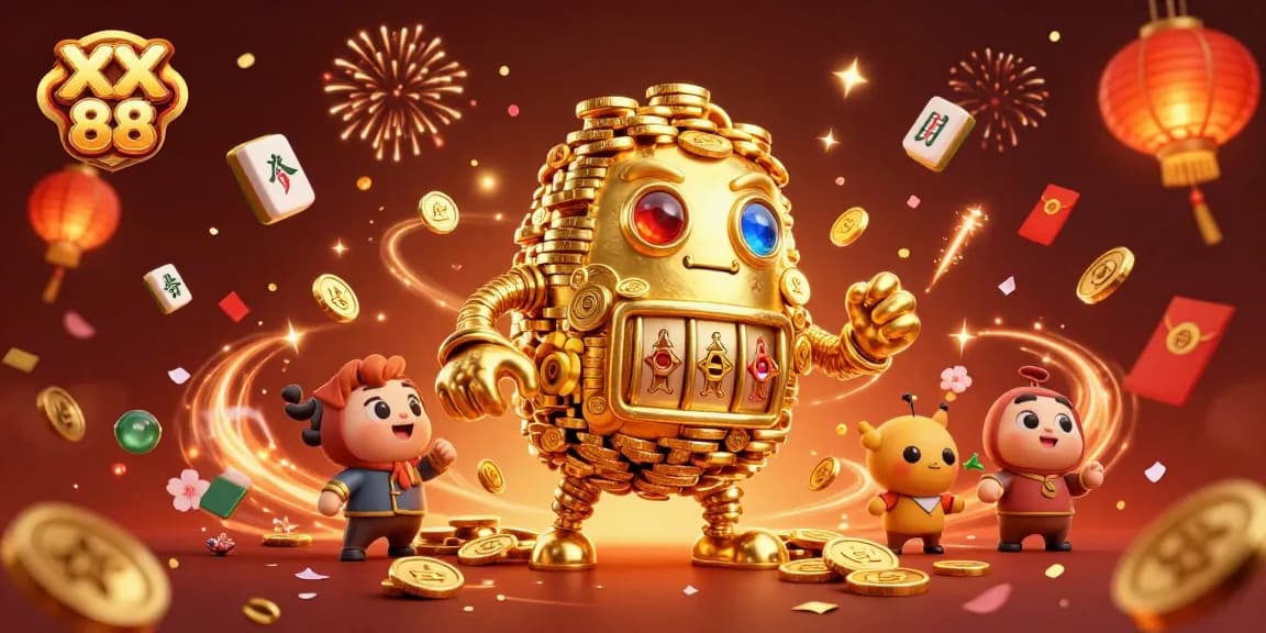 Experience the excitement of XX 88 with a golden golem surrounded by vibrant casino elements and fireworks.