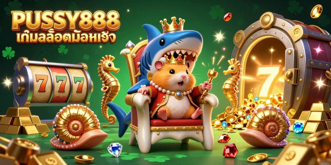 PUSSY888 เกมสล็อตมือถือ features a golden hamster king on a shark tooth throne, surrounded by seahorse guards and a treasure-filled casino.