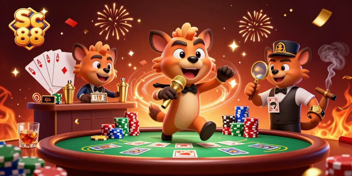 Engage with Sc 88's vibrant casino scene featuring lively hyena characters and dynamic poker action.