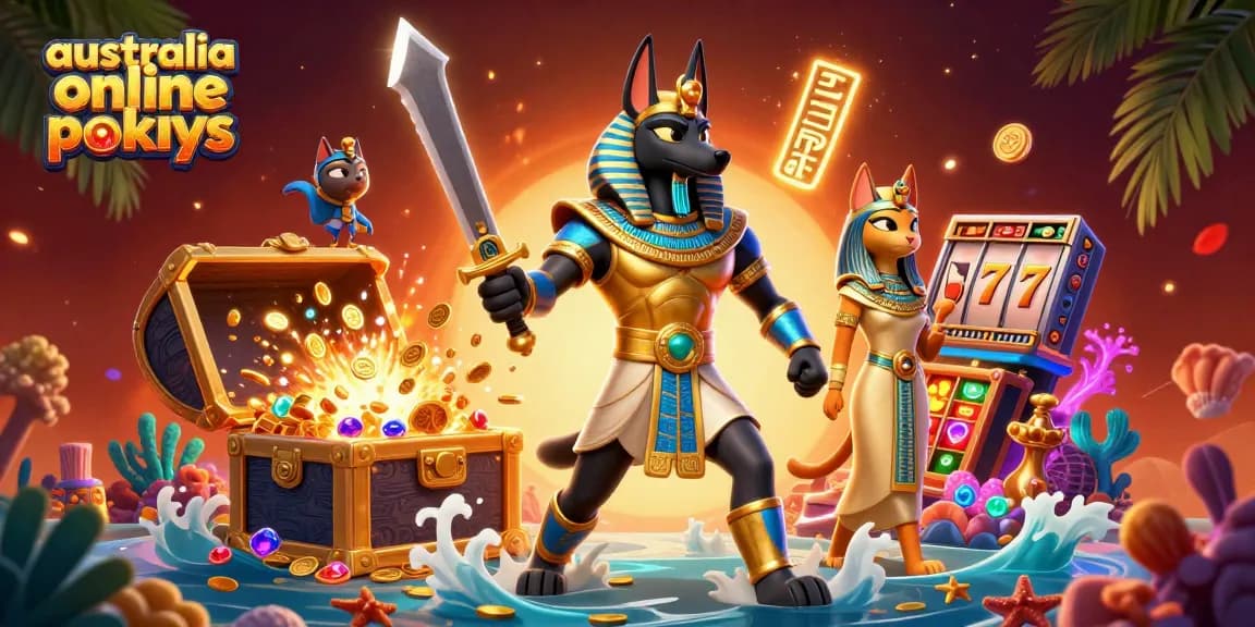 Explore the vibrant world of australia online pokies with Anubis and Bastet surrounded by slots and treasures.