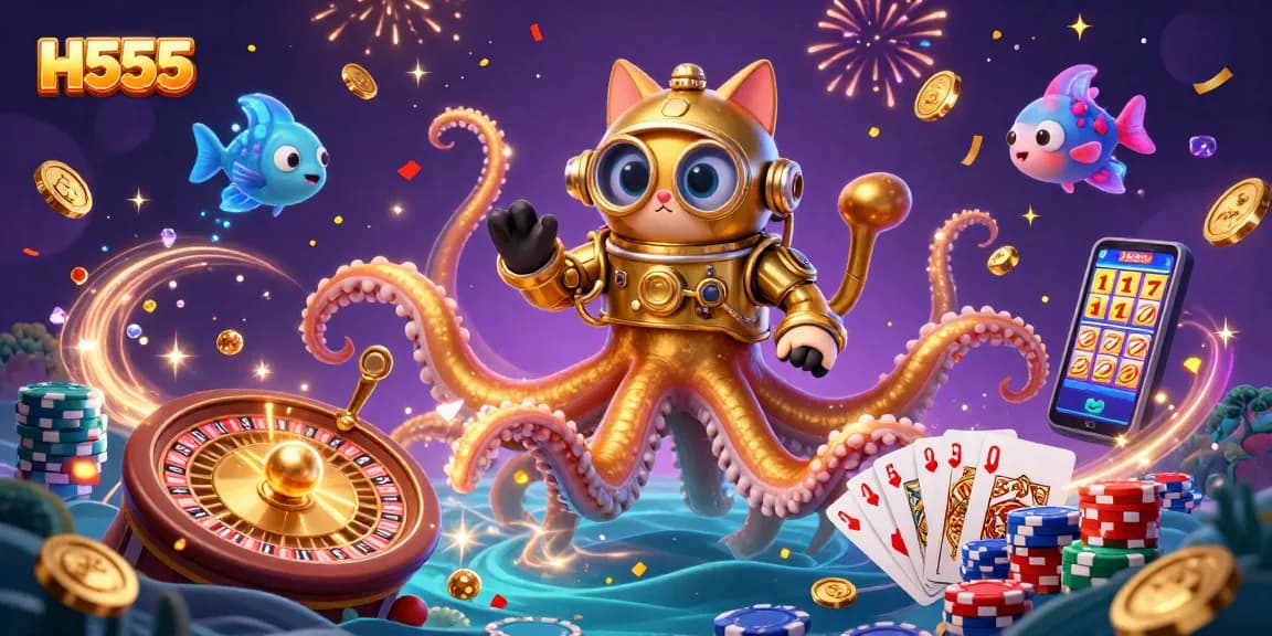 Experience thrilling gameplay with H555, where a colossal kraken and diving cat celebrate casino wins.