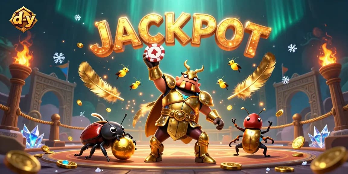 Play d-y's thrilling jackpot game with fireflies and beetles celebrating wins.