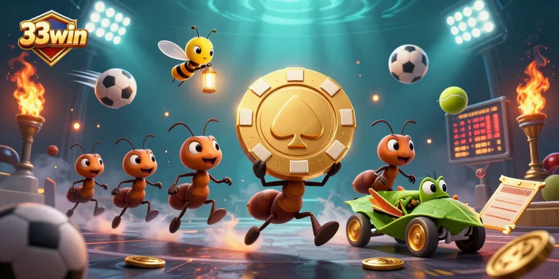 Engage with the excitement of 33win as ants heist a huge poker chip amidst dynamic sports gambling elements.