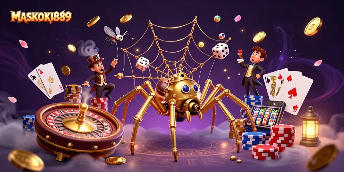 Engage in fun and thrilling online gaming experiences with MASKOKI889's animated casino art.