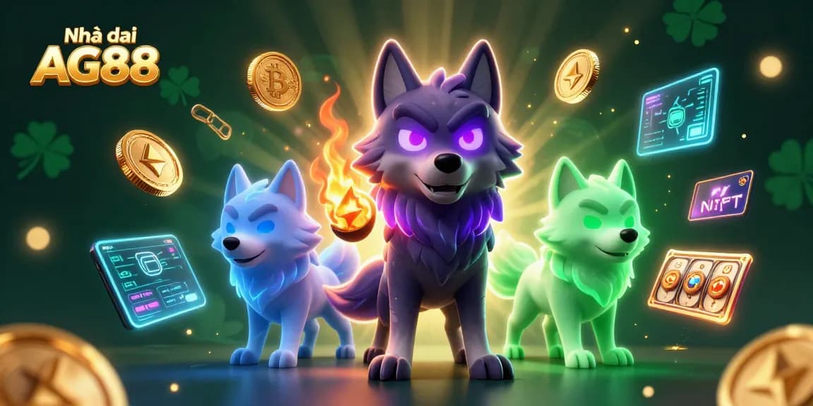 Bet on Nhà cái AG88 with 3D wolves, Bitcoin coins, and lively casino elements.