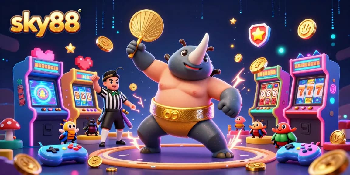 Experience thrilling game action at sky88 with a sumo champion beetle amidst flying coins and exciting arcade elements.