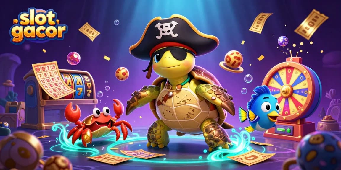 Engaging slot gacor scene with a pirate turtle, hermit crab, and parrotfish amidst slot reels and lottery elements.