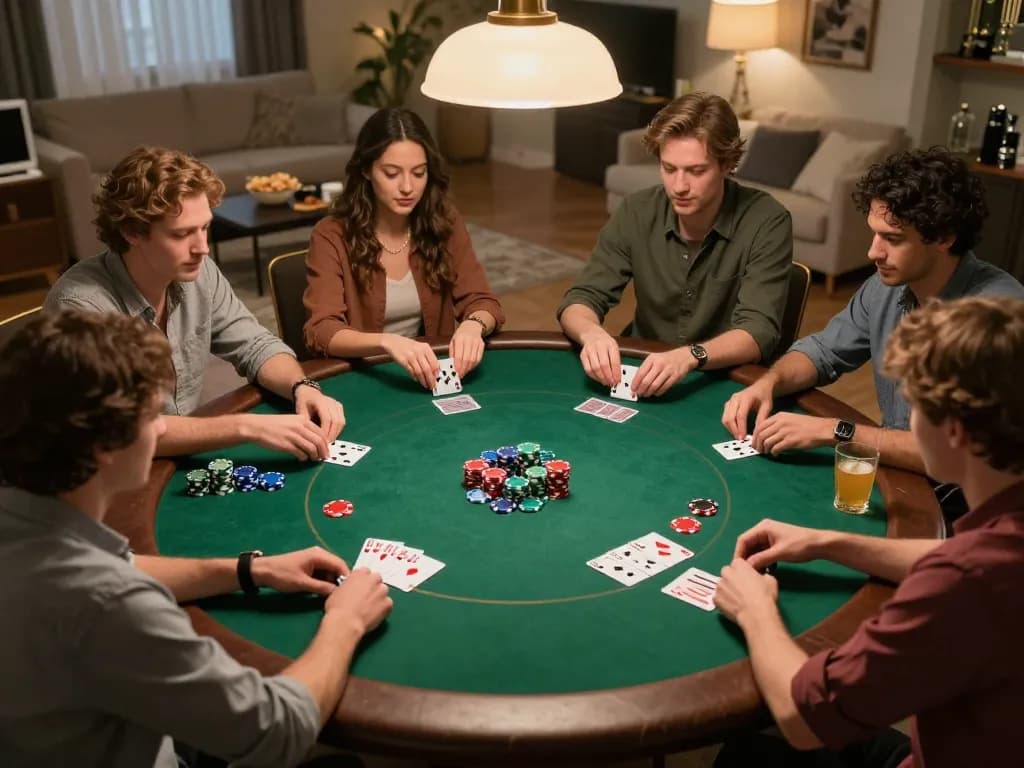 Engaged players strategizing at a poker table in an inviting home setup with jus77 gaming atmosphere.