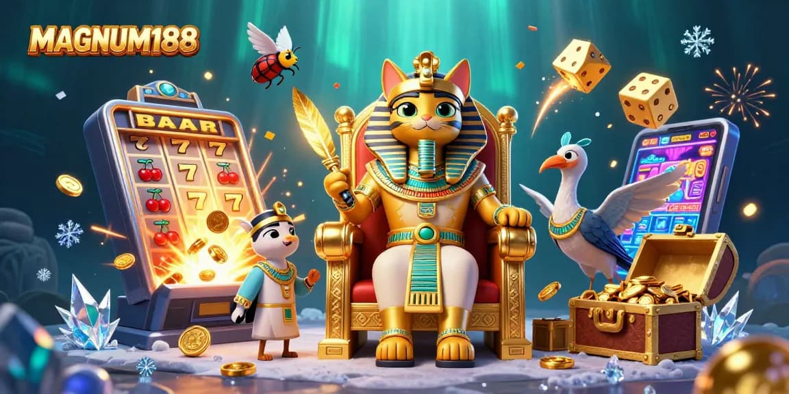 Play with MAGNUM188 for rewarding jackpots surrounded by vibrant casino symbols and characters.