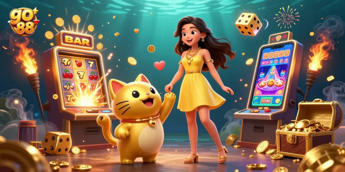 Experience thrilling gameplay with go 88, featuring a joyful Asian woman and golden lucky cat amidst casino excitement.