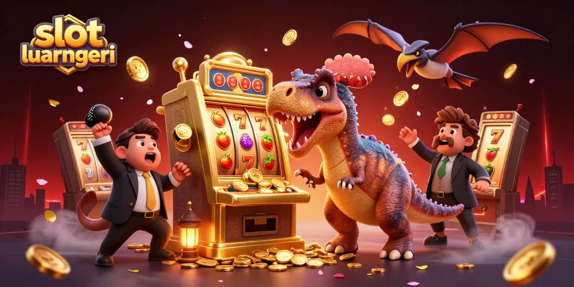 Engage with the exciting slot luar negeri experience as a pachycephalosaurus activates a golden slot machine jackpot amidst flying coins.