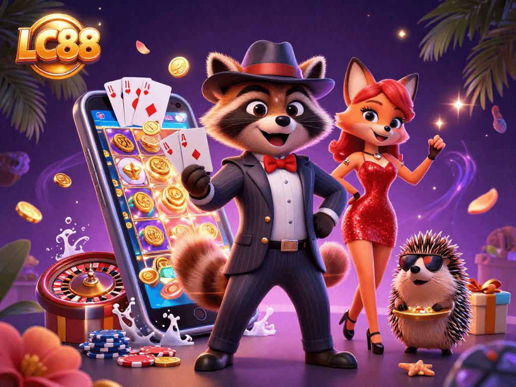 Experience stunning gameplay at LC88 with 3D characters enjoying their royal flush at a digital casino scene.