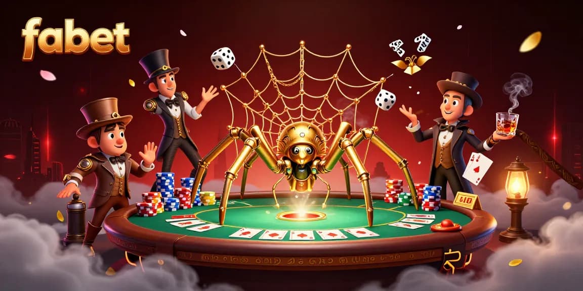 Engage in thrilling games at fabet with a captivating steampunk spider and poker inspired scene.