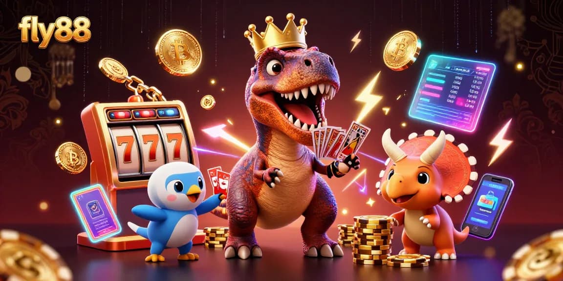 fly88 showcases a vibrant casino scene with a friendly T-Rex shuffling cards for an exciting gaming experience.